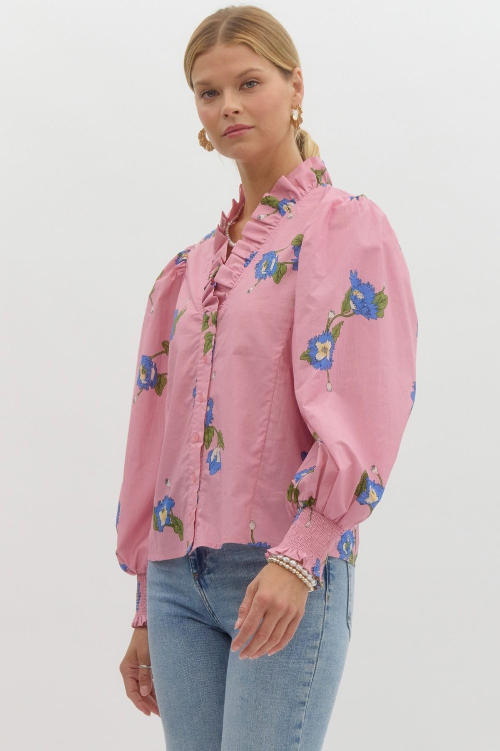 Printed Top with Smocked Cuff