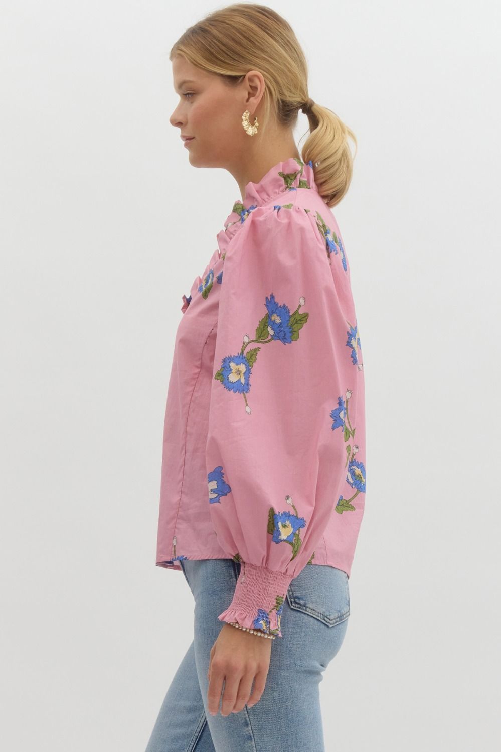 Printed Top with Smocked Cuff