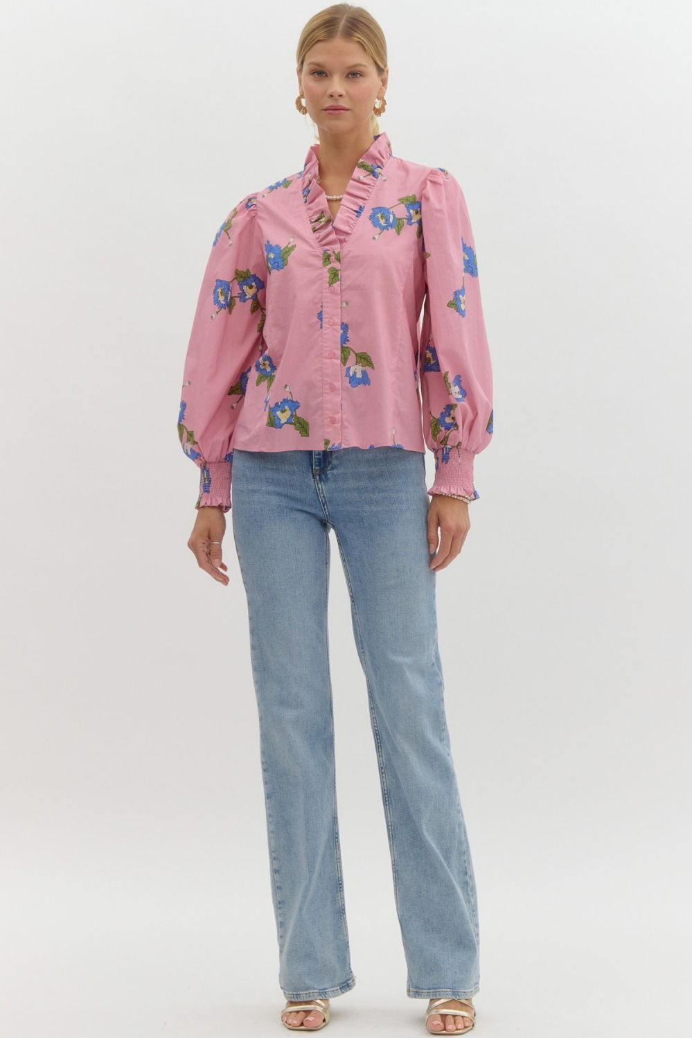 Printed Top with Smocked Cuff