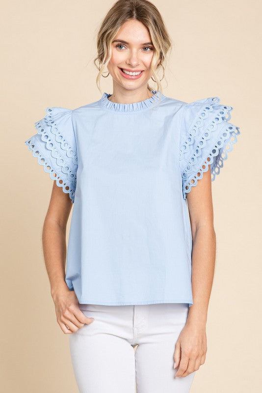 Solid Layer Ruffled Cap Sleeves Top