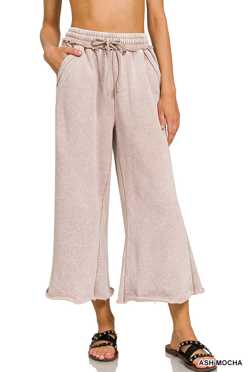 Acid Wash Fleece Palazzo Sweatpants with Pockets