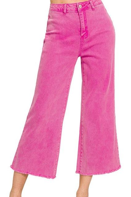 Acid Washed High Waist Frayed Hem Straight Wide Pants - Pink