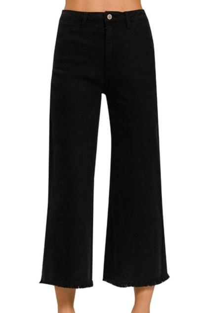 Acid Washed High Waist Frayed Hem Straight Wide Pants - Black