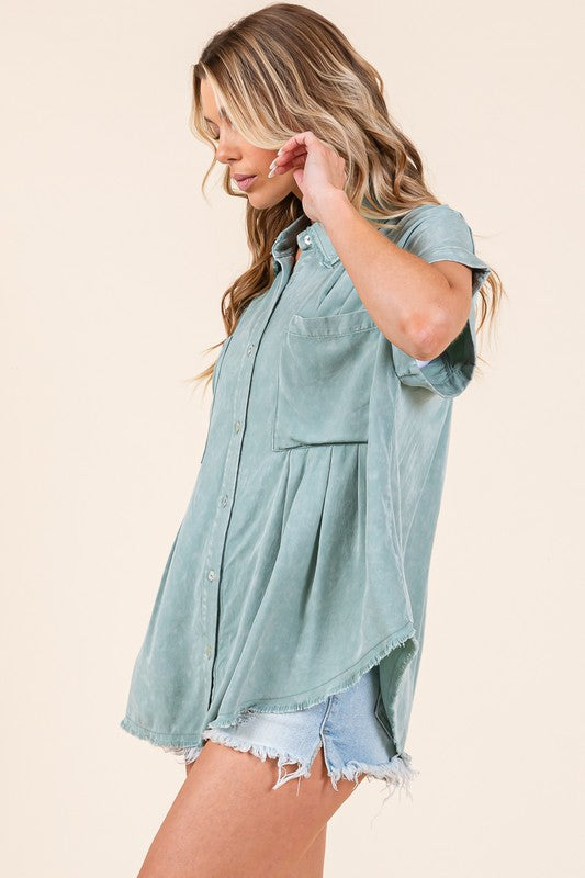 Mineral Washed Pleated Button Down Top