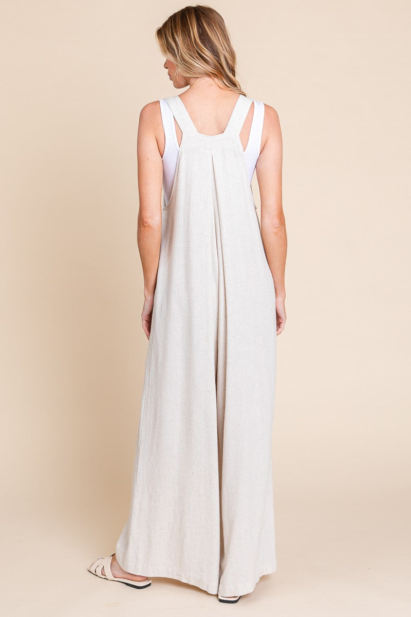 Wide Leg Washed Linen Overalls Jumpsuit