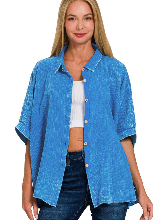 Washed Double Gauze Button Down Half Sleeve Shirt