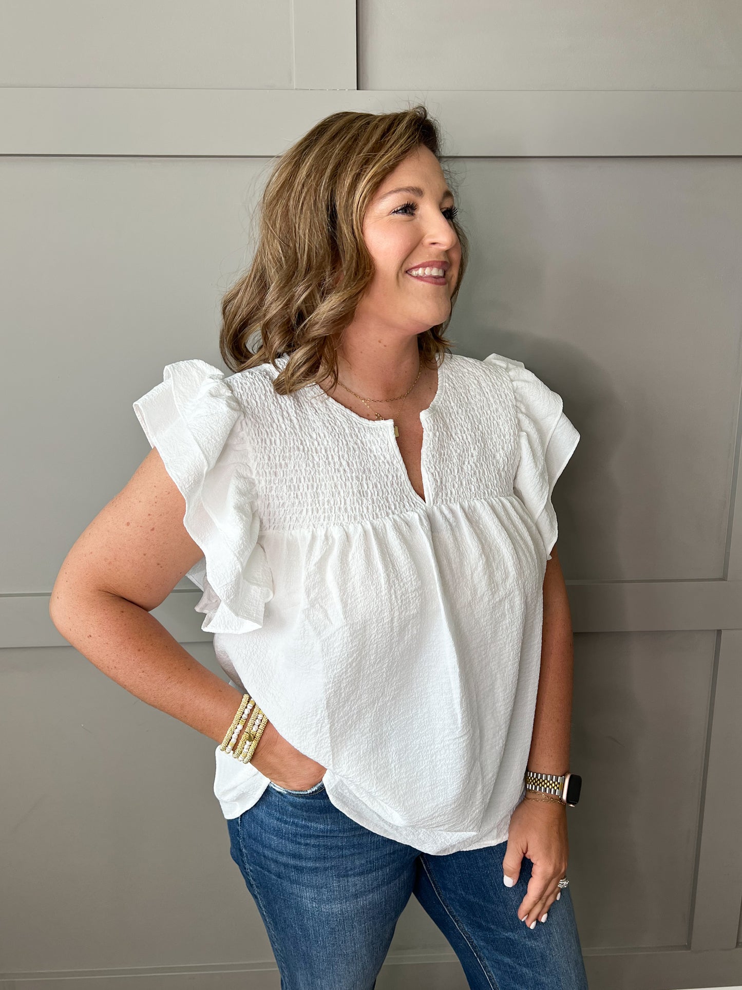 Shirred Ruffle Sleeve Top