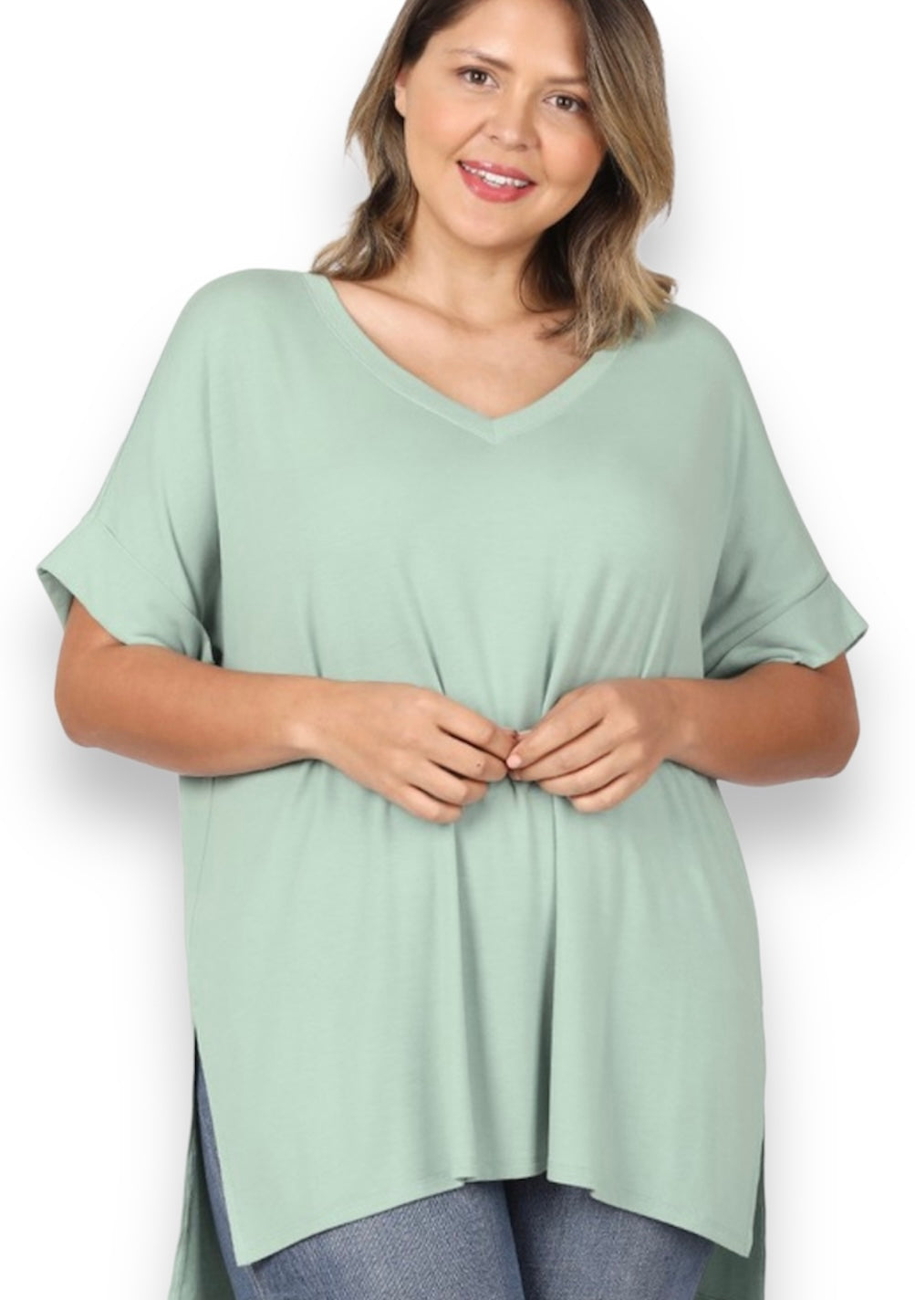 PLUS Buttery Soft rolled sleeve, side slit tee