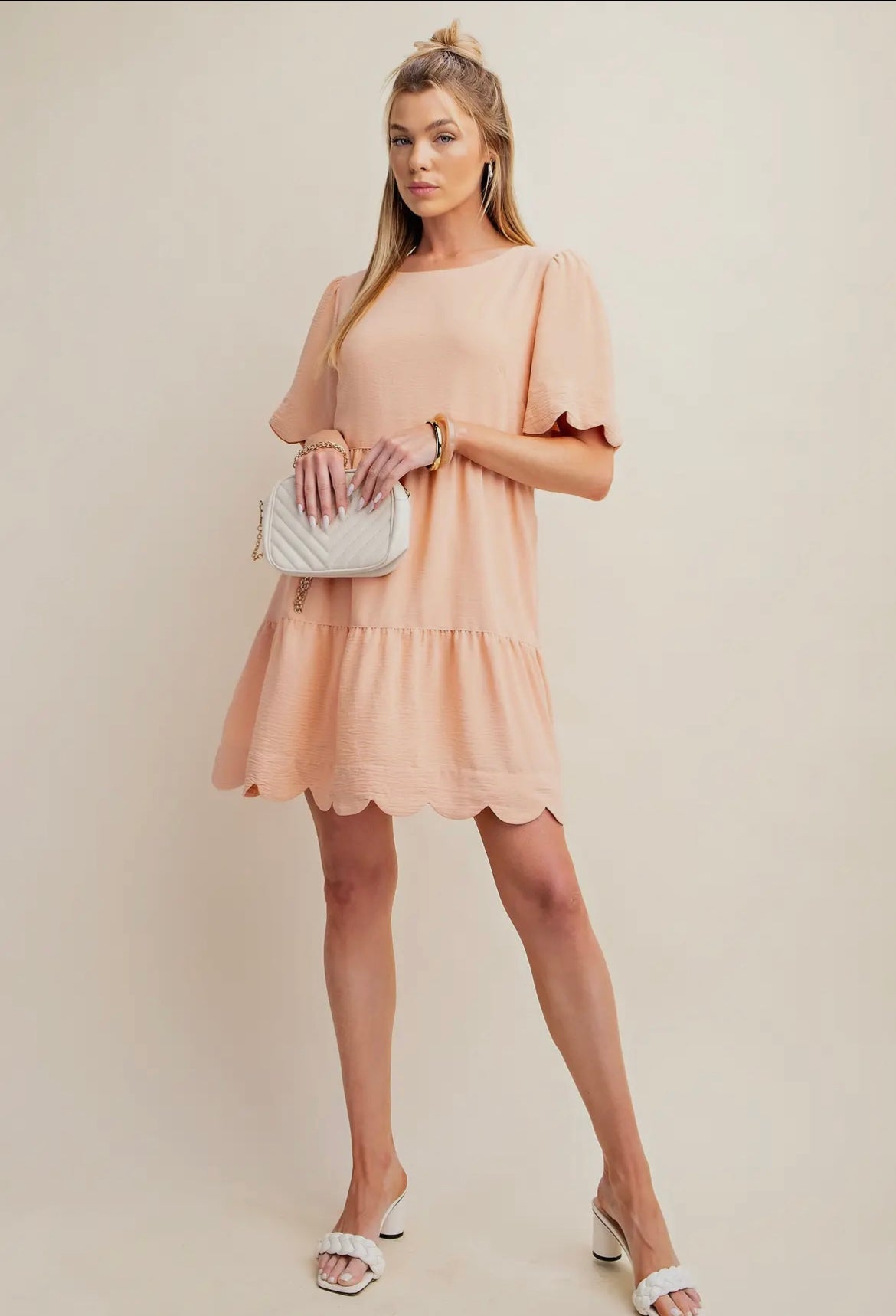 Sweet Linen Effect Babydoll Dress with Puff Sleeves and Back Zipper