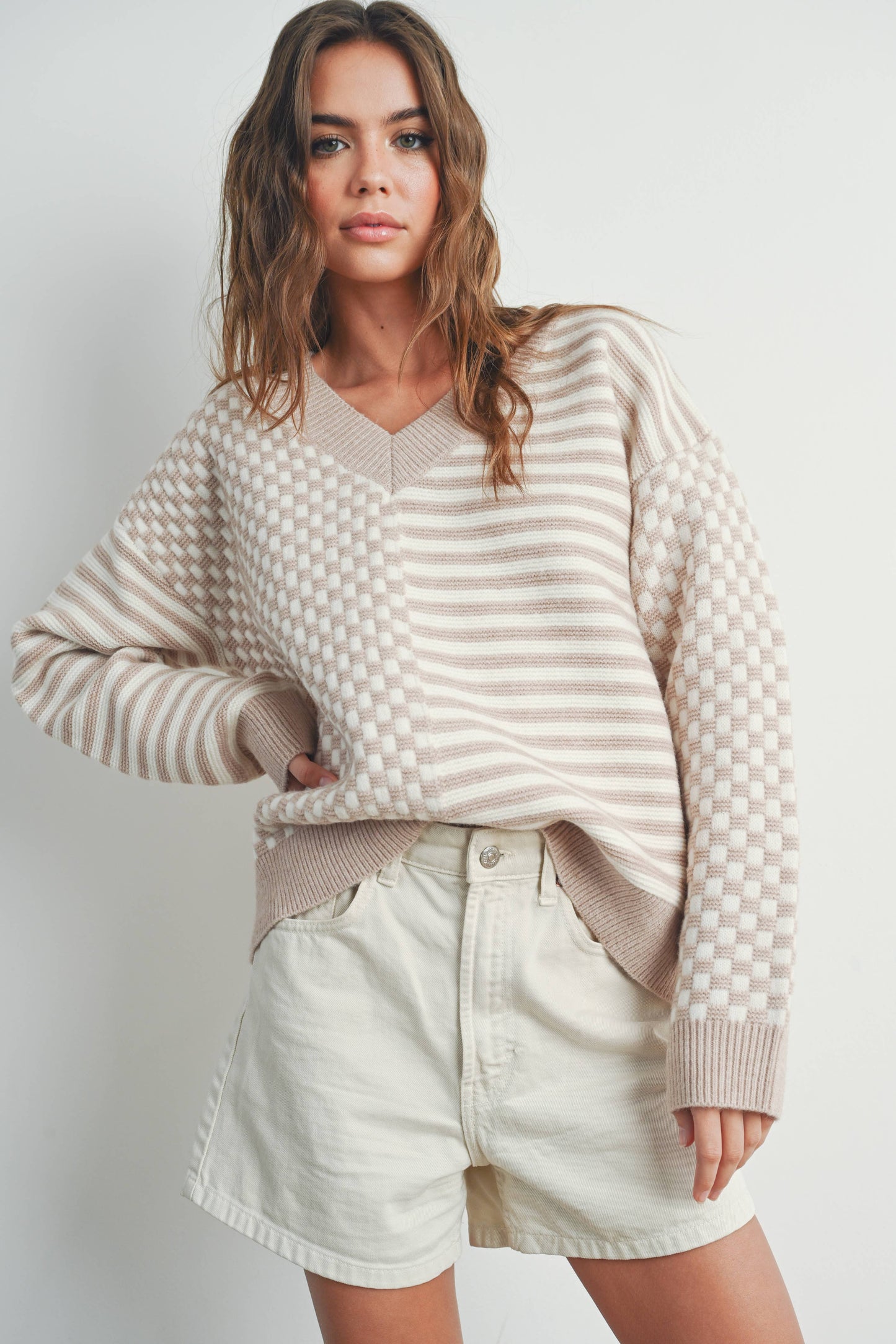 Frenchy Checkered Pattern Drop Shoulder Sweater