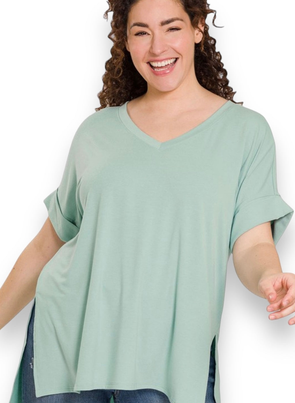 PLUS Buttery Soft rolled sleeve, side slit tee