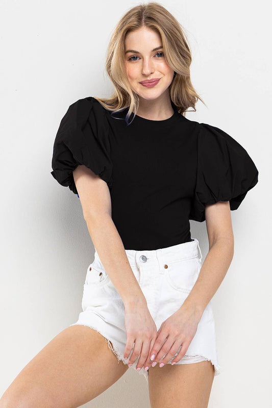 Solid Big Puff Sleeve Bodysuit