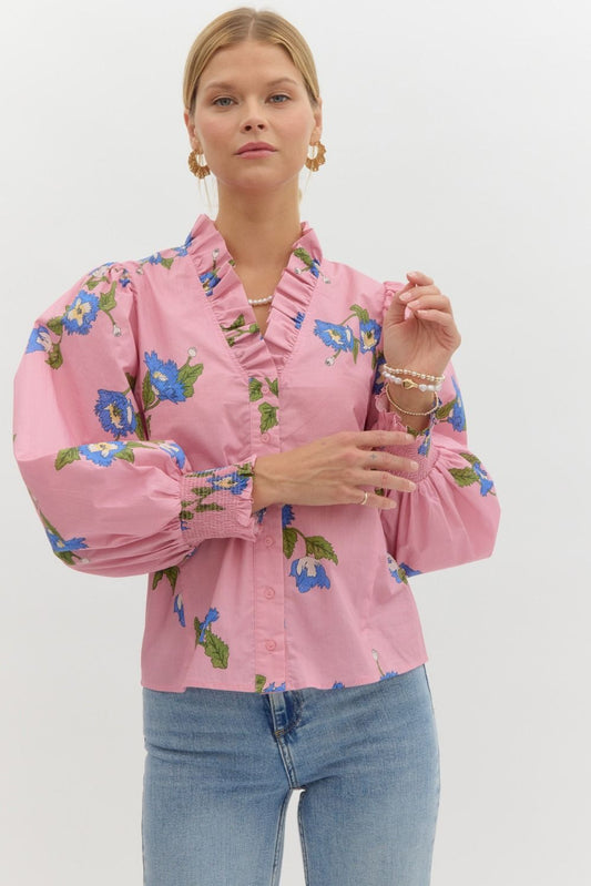 Printed Top with Smocked Cuff